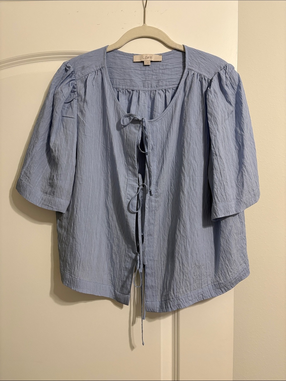 LOFT Light Blue Tie-Front Puff Sleeve Blouse